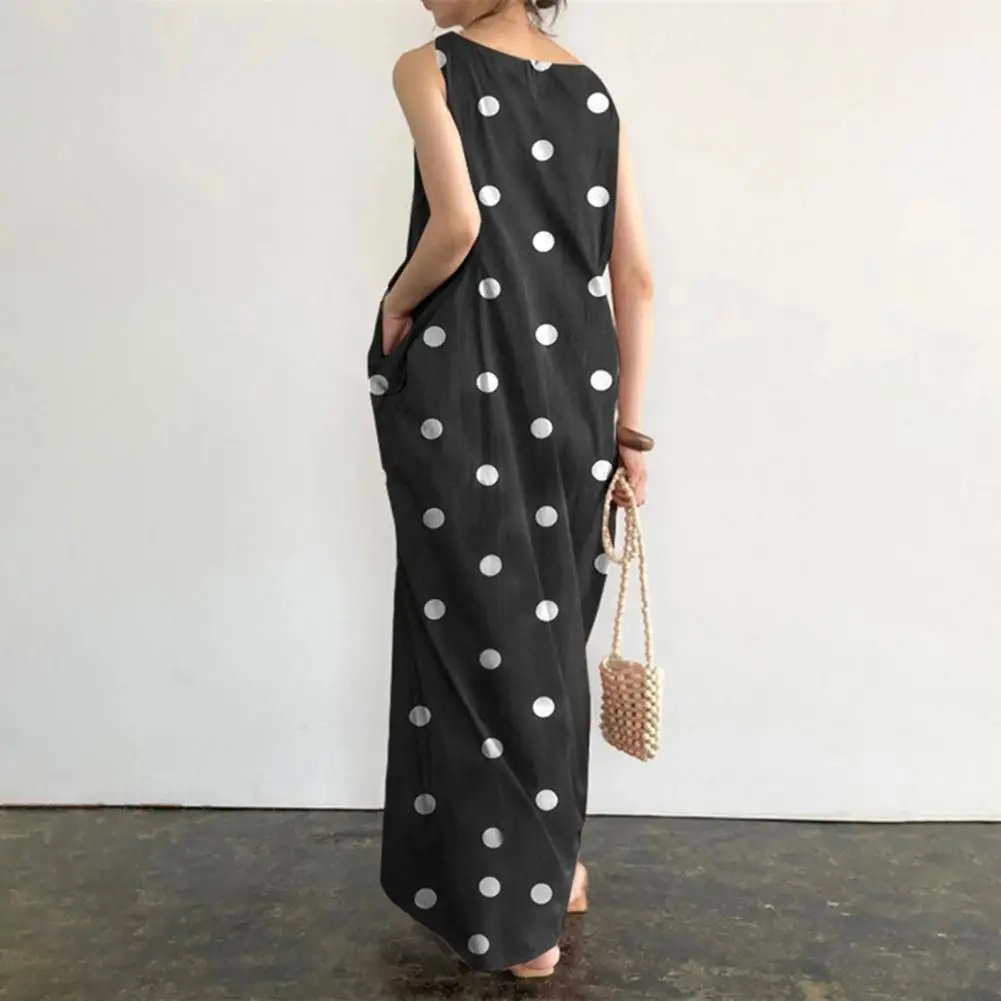 

Lightweight Dot Print Dress Summer Maxi Dress with Dot Print O Neck Big Pockets for Women Plus Size Soft Ankle Length Beachwear