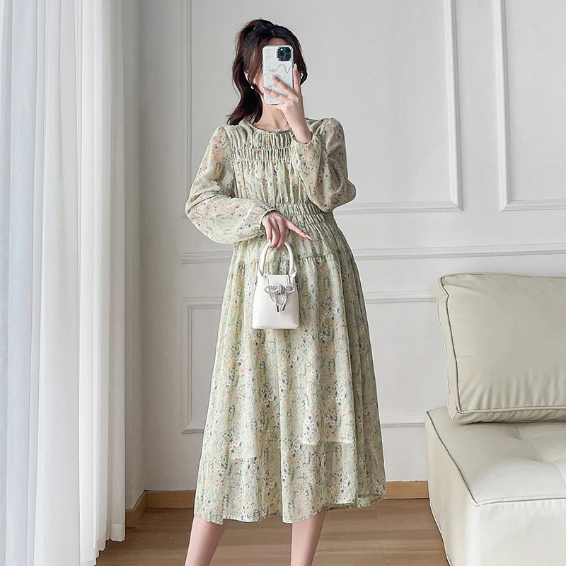 2024 Spring Maternity Chiffon Dress Long Lantern Sleeve O-neck Fashion Printed Pregnant Woman Floral Dress Pregnancy Beach Dress