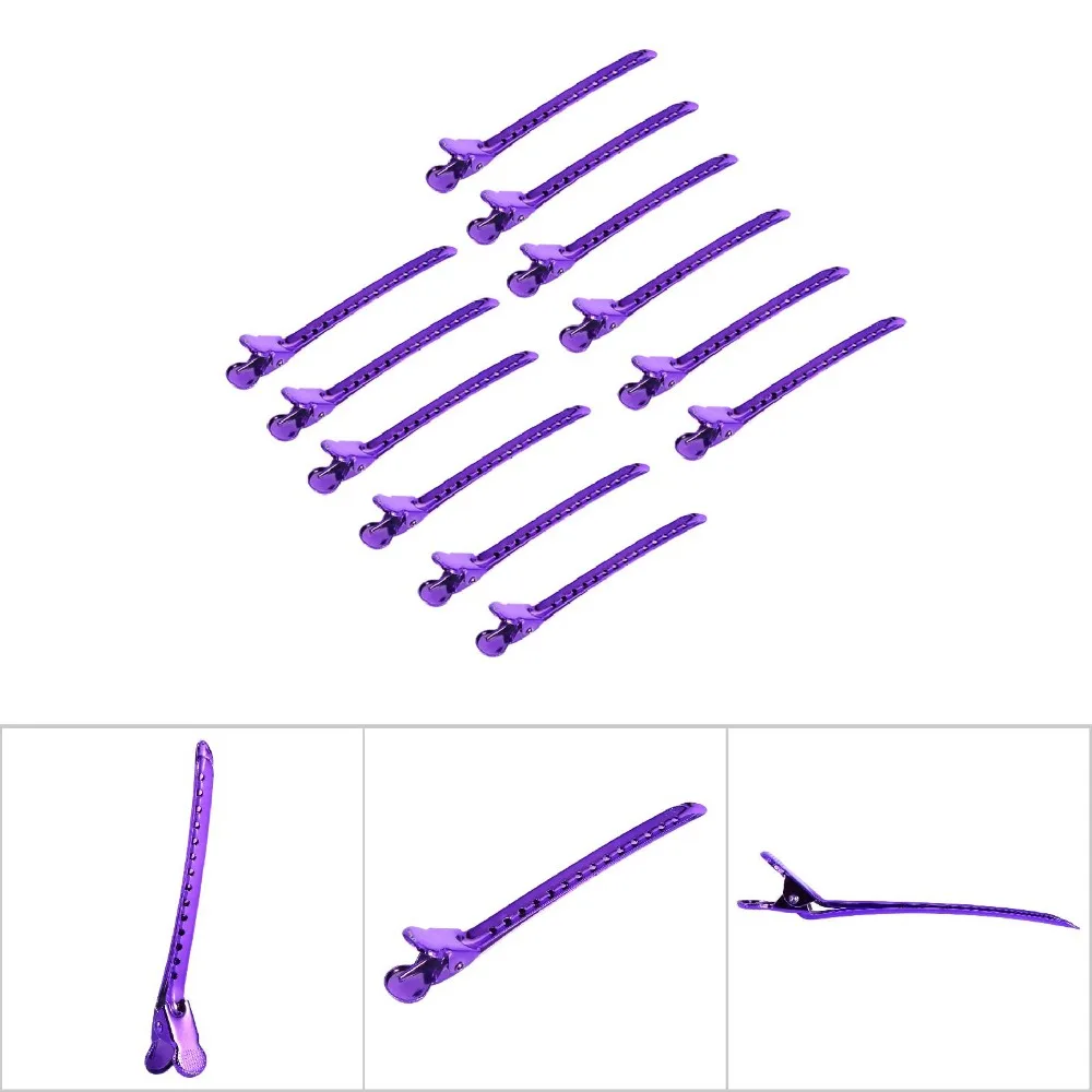 12PCS Home Use Steel Salon Hair Clip Fashion Prevent Slippery Holes Styling Tools Single Prong Purple Hairdressing Clamps Salon