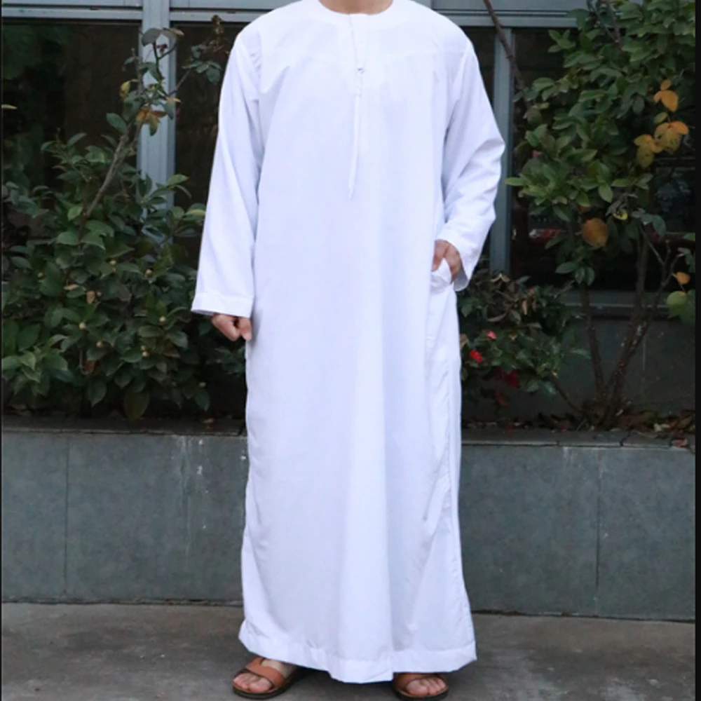 O Neck Short Sleeve Fashion Jubba Thobe Dubai Middle East Robes Men White Muslim Robe Islamic Kaftan Saudi Arabia Solid Color