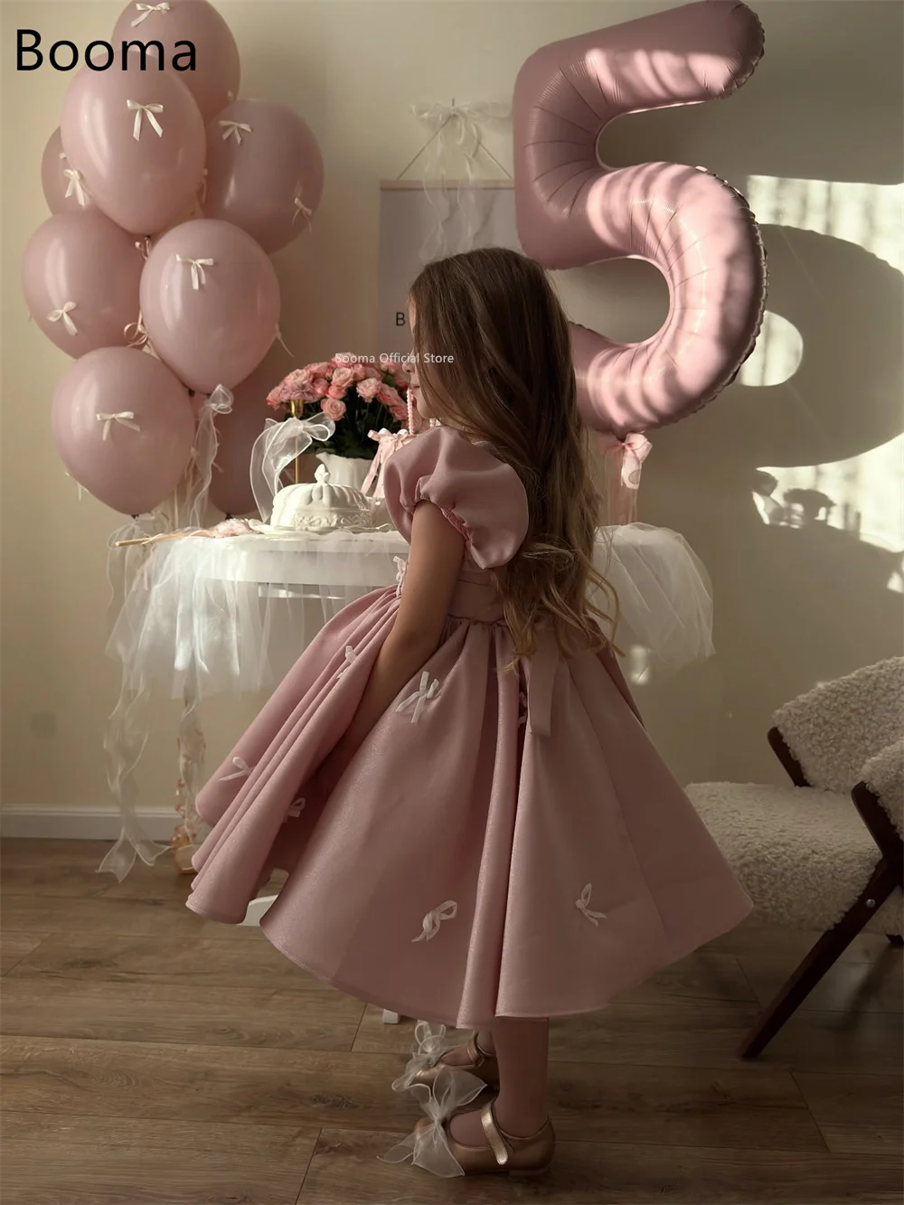 

Booma A-Line Bow Flower Girl Dresses Satin Girls Wedding Party Dresses Princess Pink Simple Gowns Bow Customized