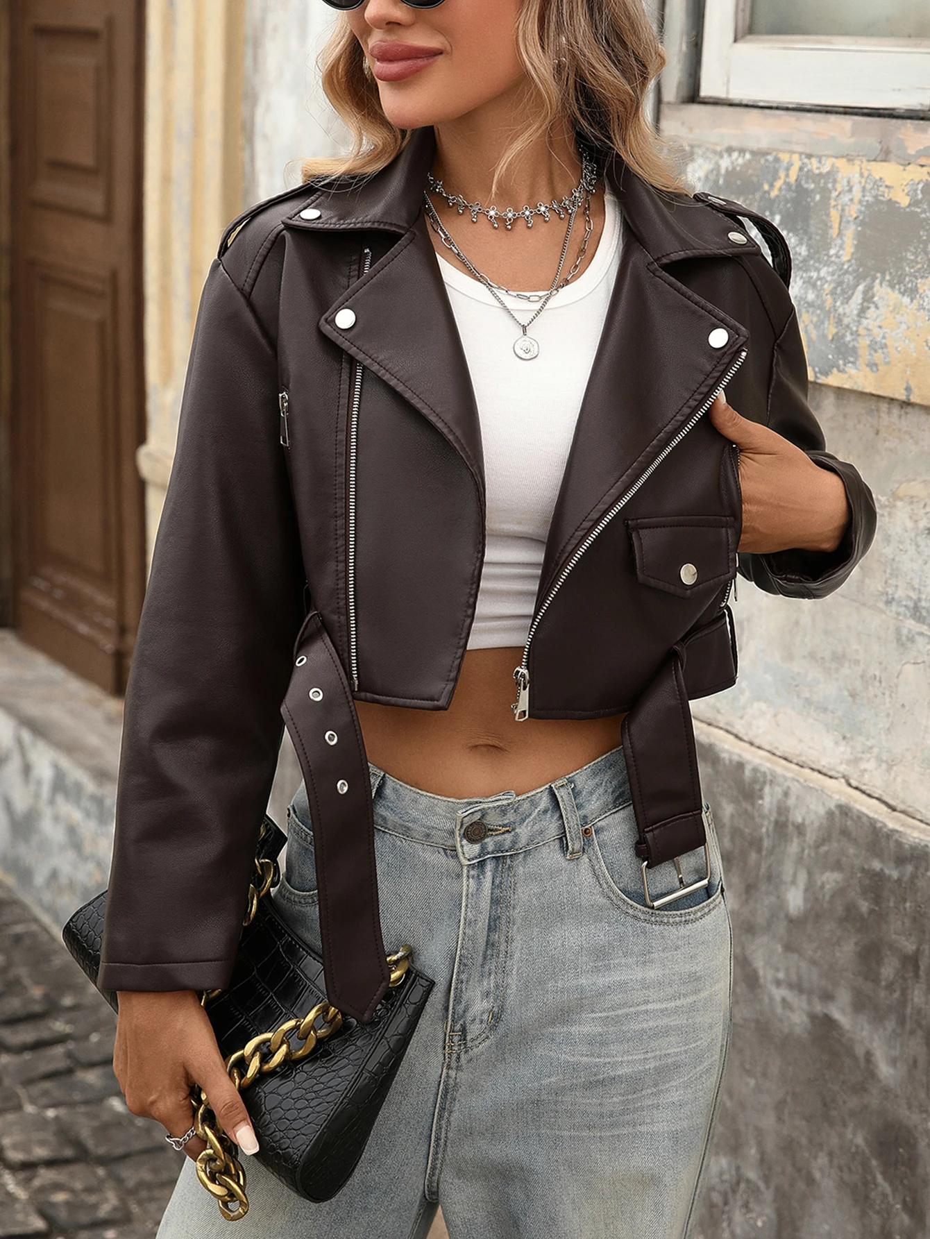 Women's Faux Leather Cropped Jacket Lapel Zipper Biker Short Bomber Moto Coat with Belt