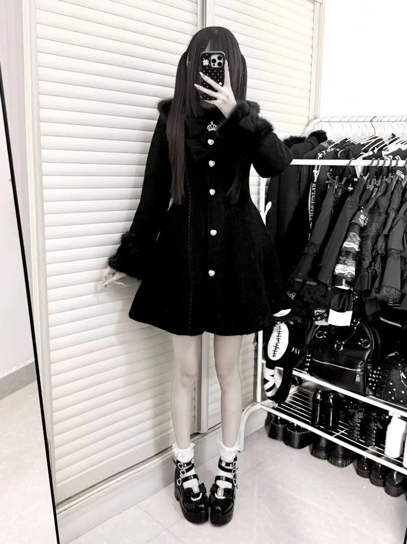 Casaco de Renda Produzido em Massa, 30% Lã, Ajuste na Cintura, Top Longo com Enchimento de Algodão, Gola de Pele, Jaqueta Slim-Fit de Botão Único Japonesa