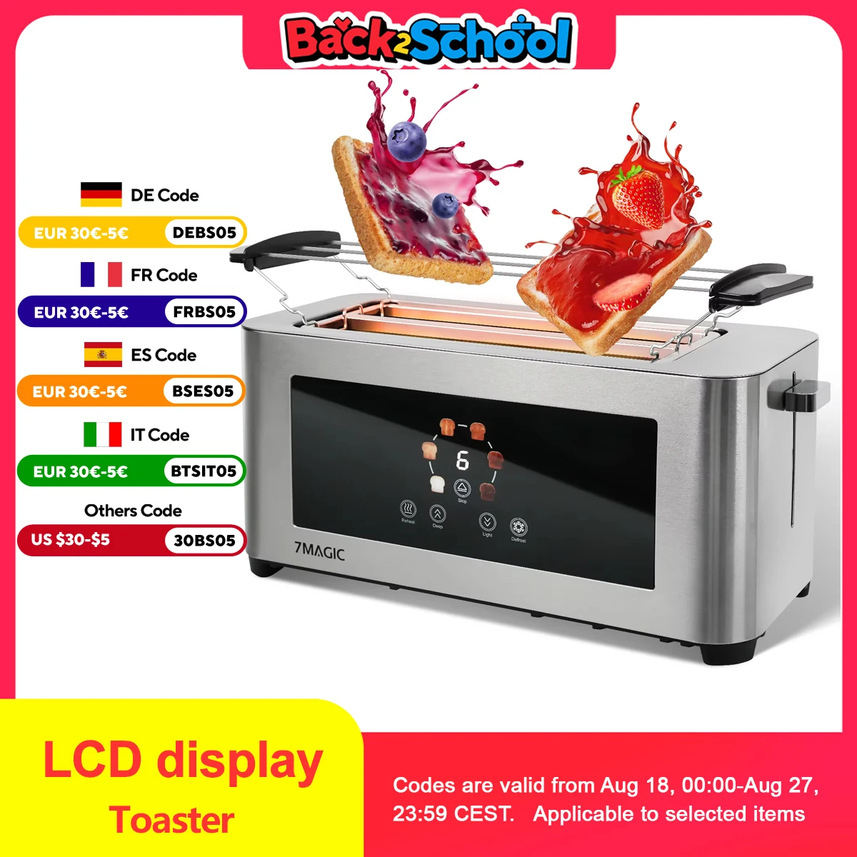 Tostapane 1400W, tostapane in acciaio inossidabile, display LCD touch, 2 scomparti larghe per toast, 4 fette, 7 livelli di allevataggio, porta panino,