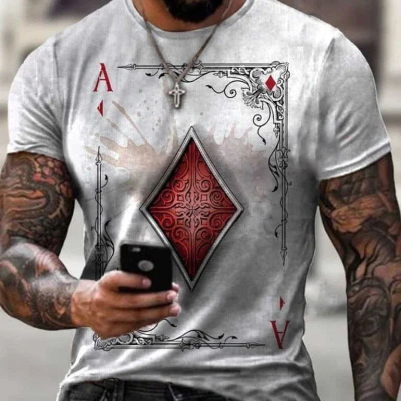 

2024 Men's short-sleeved T-shirt summer casual retro hip-hop style round neck printed playing card pattern oversized T-shirt