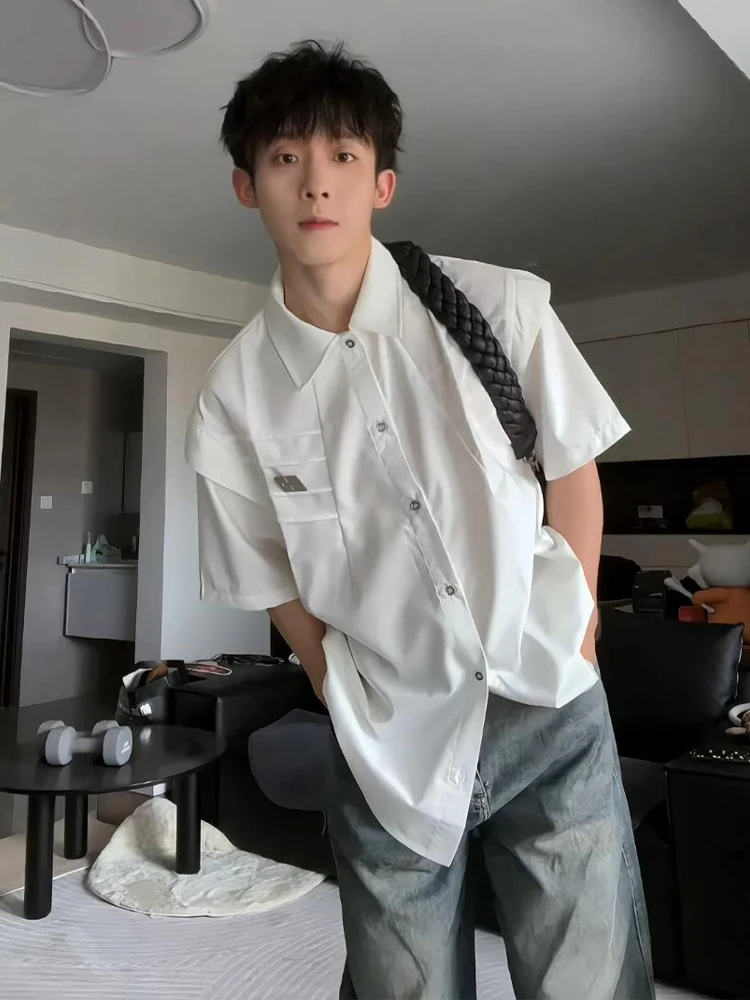 

Деконструированная плиссированная мужская рубашка с коротким рукавом, белая, молодежная, летняя, модная, свободного кроя, в американском стиле, с воротником-стойкой