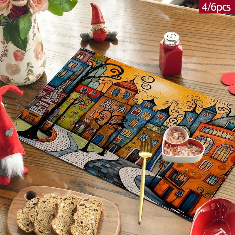 VIKAMA Fantasy Town Dining Table Mat Van Gogh Style Village Print Heat Resistant For Kitchen Cafe Home Table Decor