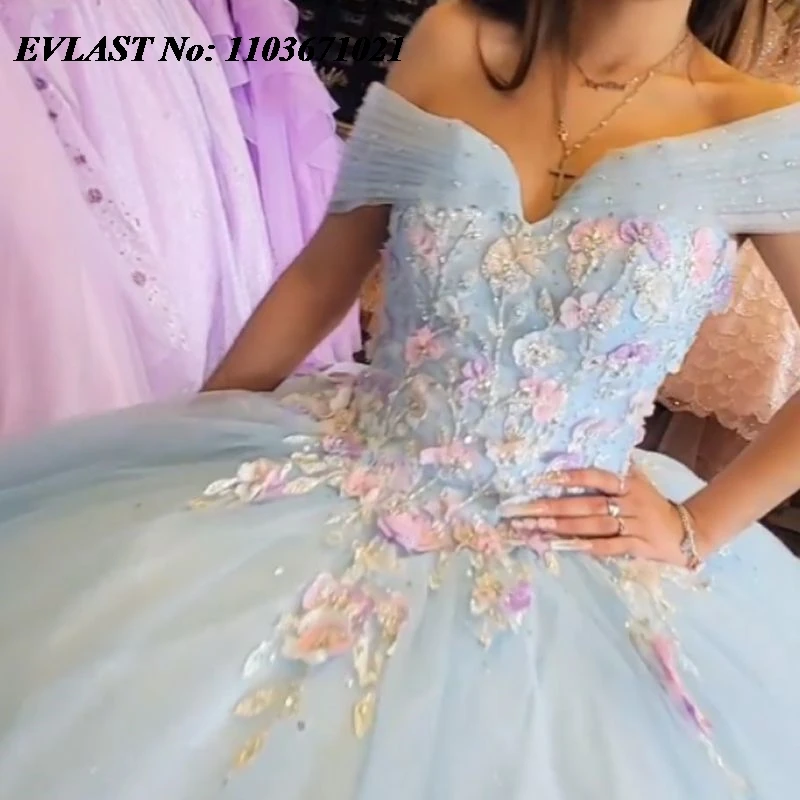 EVLAST-Robe de RhQuinceanera bleue scintillante, appliques florales roses, perles, corset diamant, Sweet 16, robe éducative de XV 15 Anos SQ48