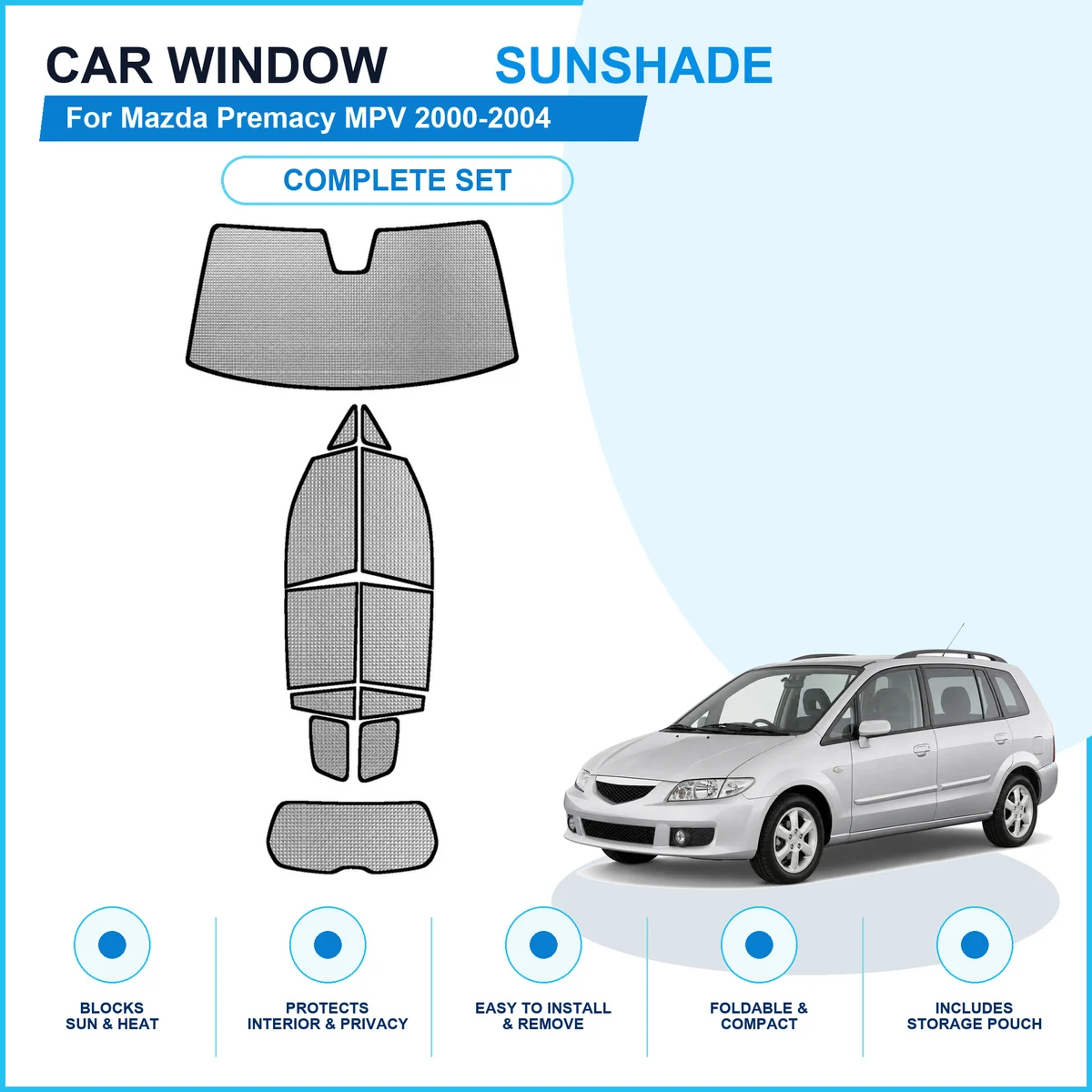 For Mazda Premacy MPV 2000-2004 Custom Full Set Window Sunshades Aluminum Foil Suction Cup Anti UV Privacy
