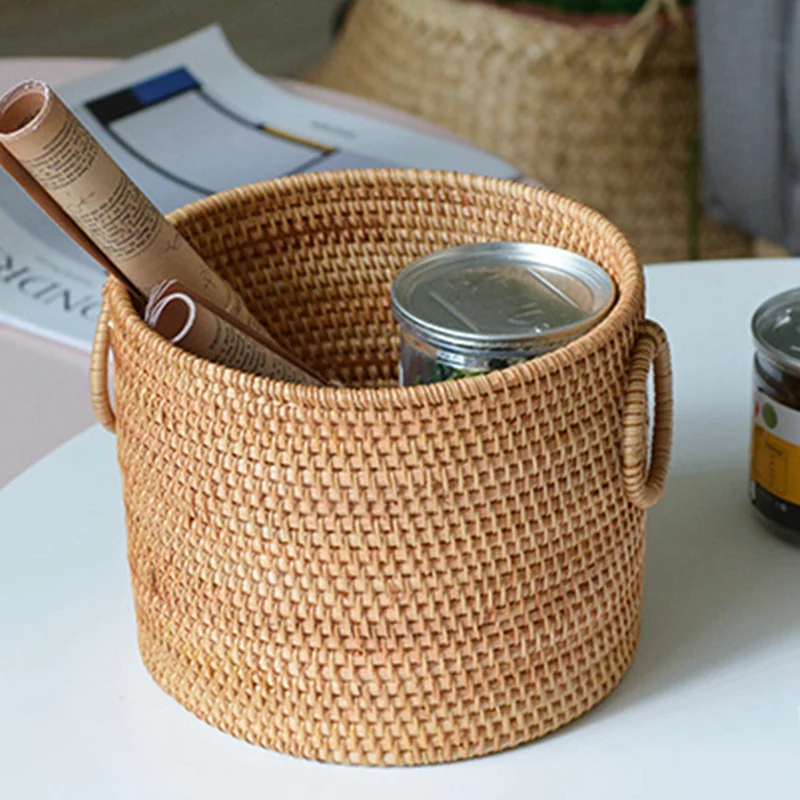 Rattan Woven Storage Basket,Hand-Woven Autumn Vine Storage Basket,Round Storage Box With Handle,20X16cm