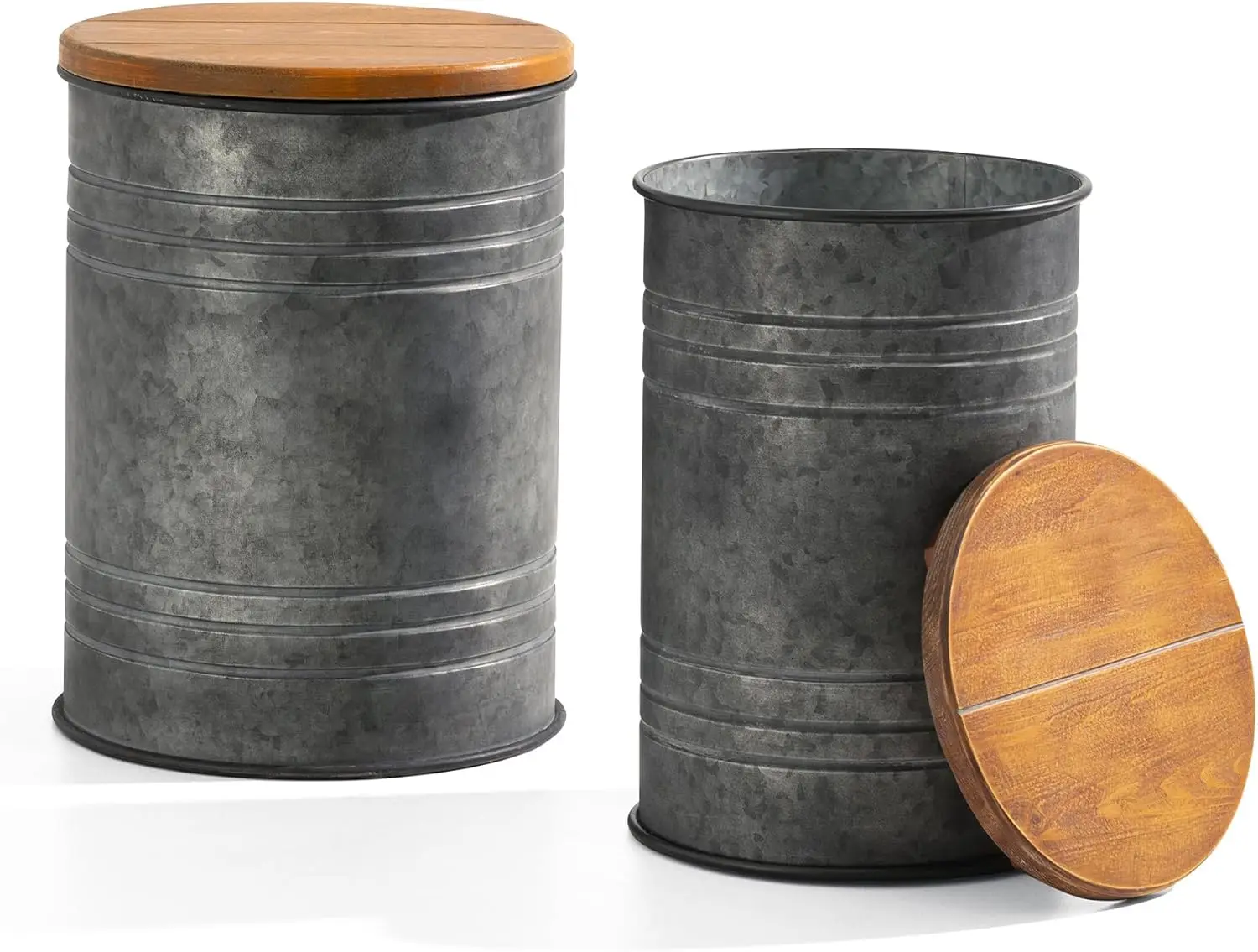 Rustic End Table Set of 2, Farmhouse Galvanized Metal Barrel Ottoman Storage Stool with Round Wood Lid for Living Room