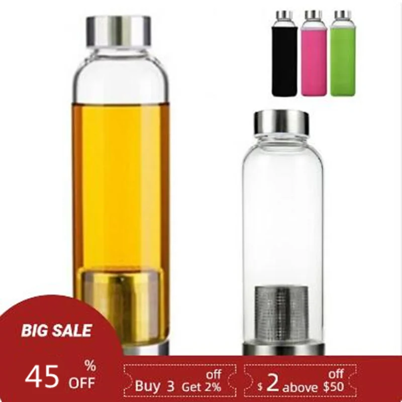 Bouteille d'eau en verre de 550ml sans BPA, résistante aux hautes températures, pour Sport, avec infuseur à thé, manchon en Nylon, protection