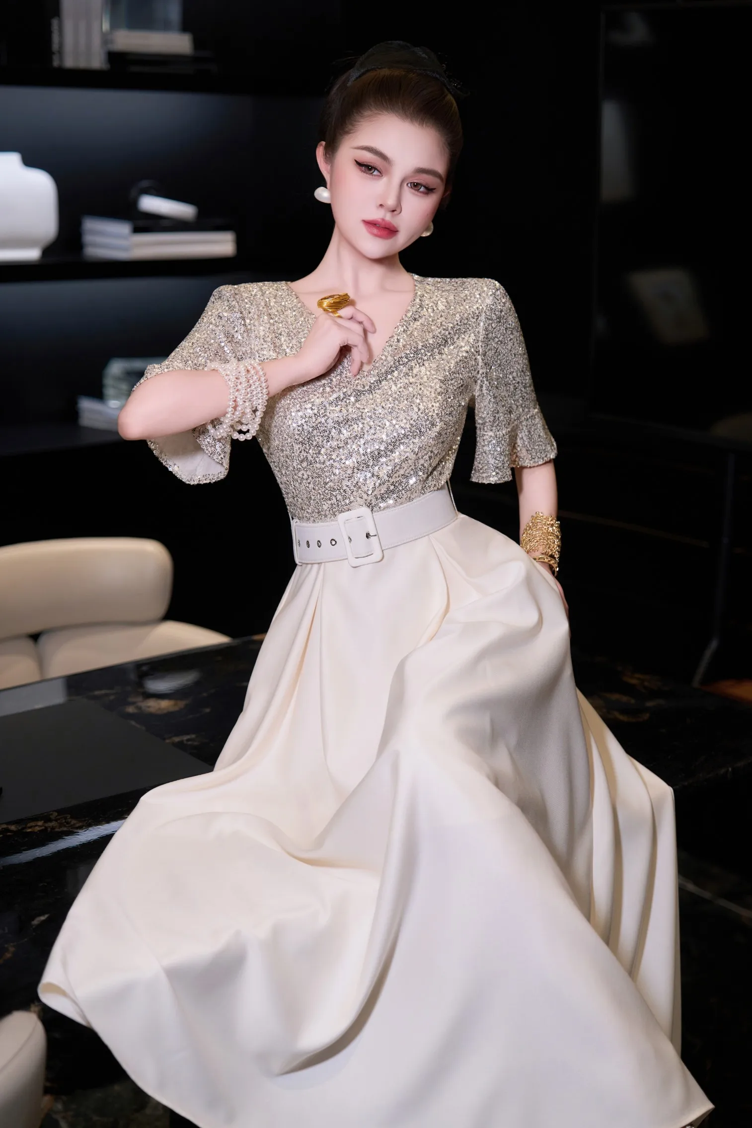 Meyyithun robe de soirée à paillettes pour femmes, col en v, manches courtes, robe de soirée à paillettes, 20251113MX01