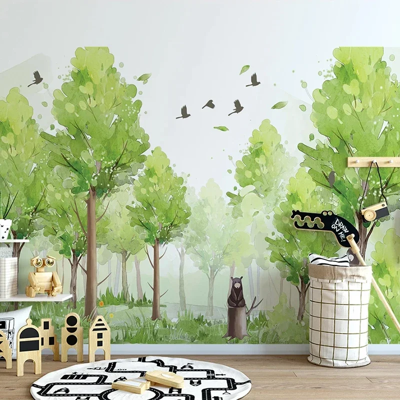 Custom Photo 3D Hand Painted Forest Green Tree Bird Mural Kindergarten Children Room Bedroom Home Decoration Wallpaper Tapety