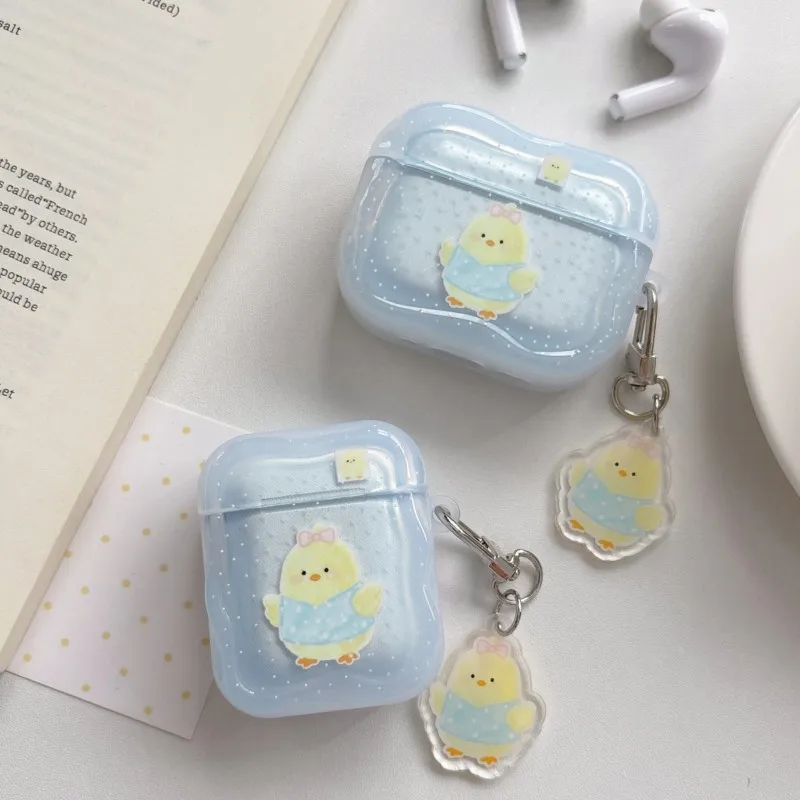 Cute Chick Polka Dot Protective Case For AirPods 4 3 2 1 Pro 2 Pro 3 Cover With Keychain Soft TPU Anti-fall Earphone Shell