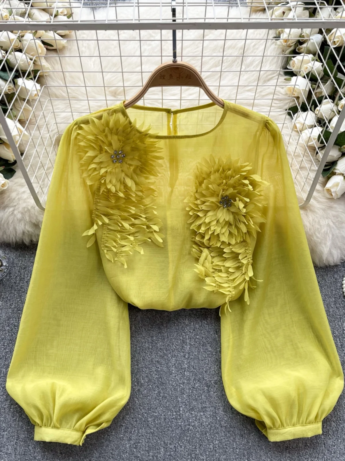 

French Temperament 3D Flower Patchwork Bubble Sleeve Pullover Shirt for Women Autumn New All Match Slim Fit Blouses Blusas Mujer