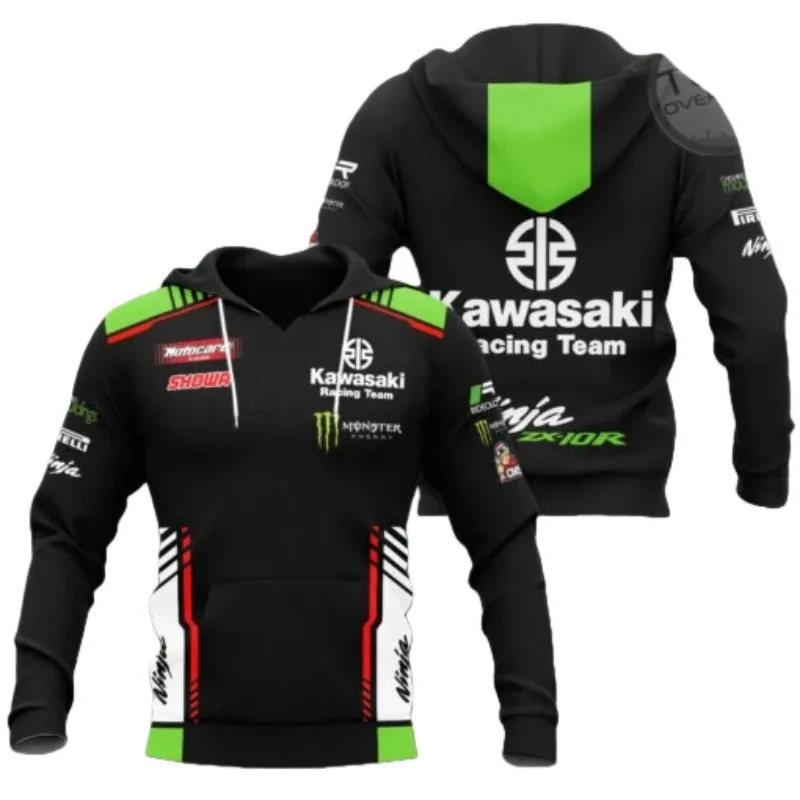 

2025 New Men's Sports and Leisure Wear 3D Printed Kawasaki Hoodie Street Racing Suit Adventure Motorcycle Fashion Large Size