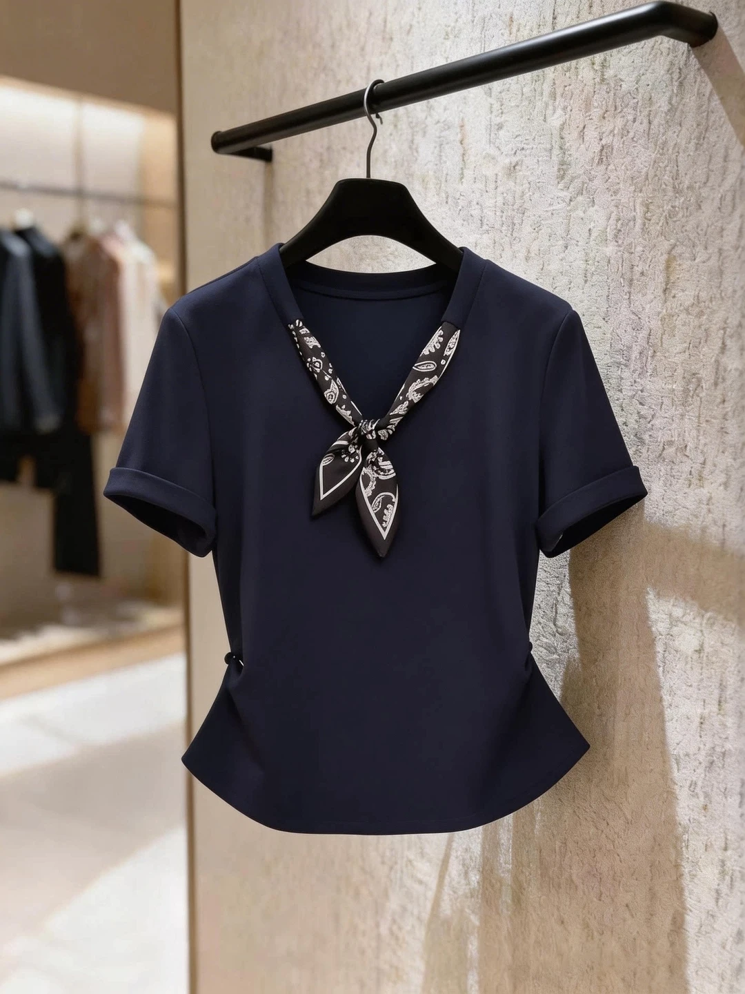 Summer Pure Cotton Short Sleeve T-Shirt Women's V-neck Design Waist-cinching Vintage Style Top Korean Style Commute Fashion