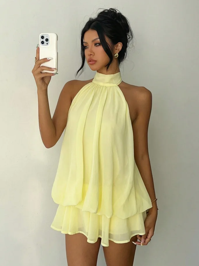 Vestido de Verano para Mujer, Entallado, Sexy, Sin Espalda, Halter, Cintura con Lazada, Color Sólido, Versátil, Elegante y Cómodo
