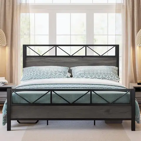 LIKIMIO California struttura letto king/queen, testiera alta industriale da 51,2", struttura letto con piattaforma e robusto supporto in metallo, senza rumore