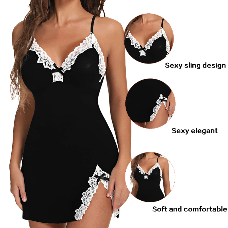 Indumenti da notte estivi Sexy donna pizzo raso di seta notte senza maniche con scollo a v orlo diviso Lingerie morbida indumenti da notte vestiti