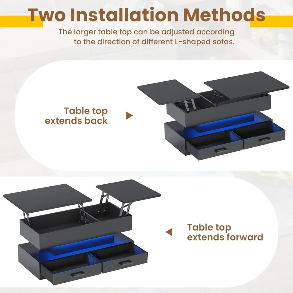 Coffee Table, Tables with 2 Fabric Drawers for Living Room, Small Modern Coffee Table with Storage & LED Light, Café Tables