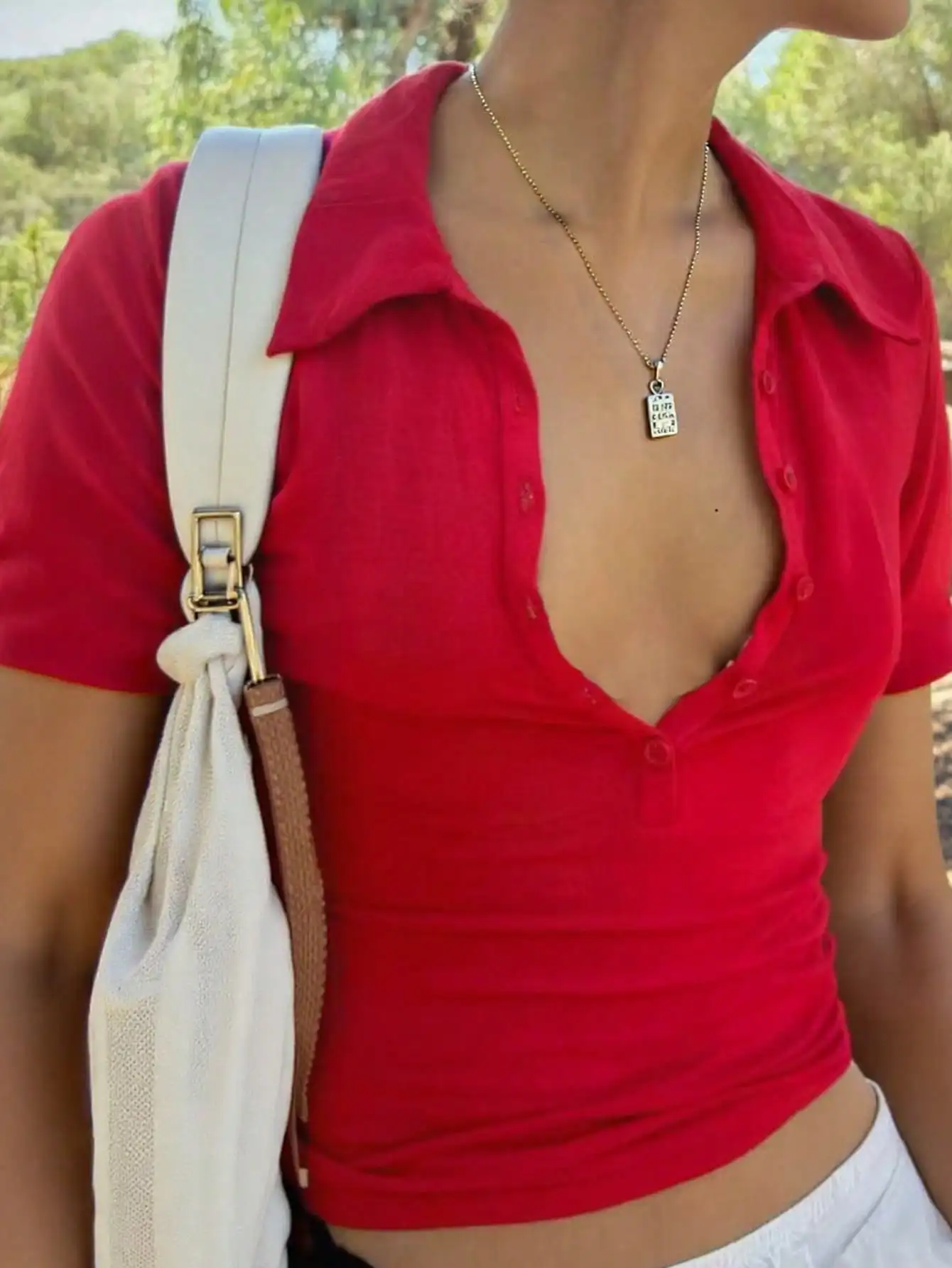 

Women's Red Slim Fit Polo Collar Short Sleeve T-Shirt with Button Placket