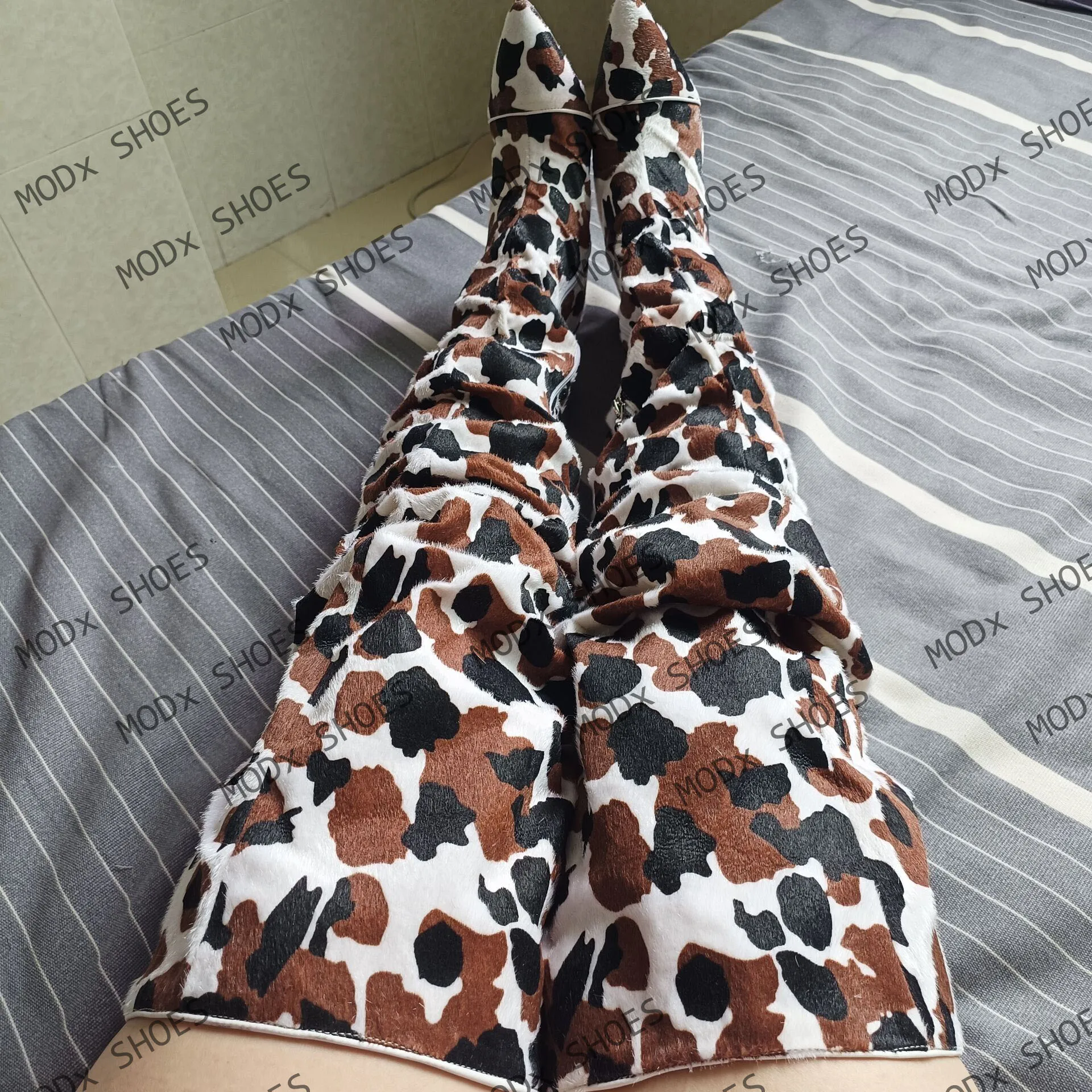 2025 Western Style Horse Hair Cowboy Long Boots Women High Thin Heels Cow Pattern Shoes Pointed Top Over The Knee Booties 44