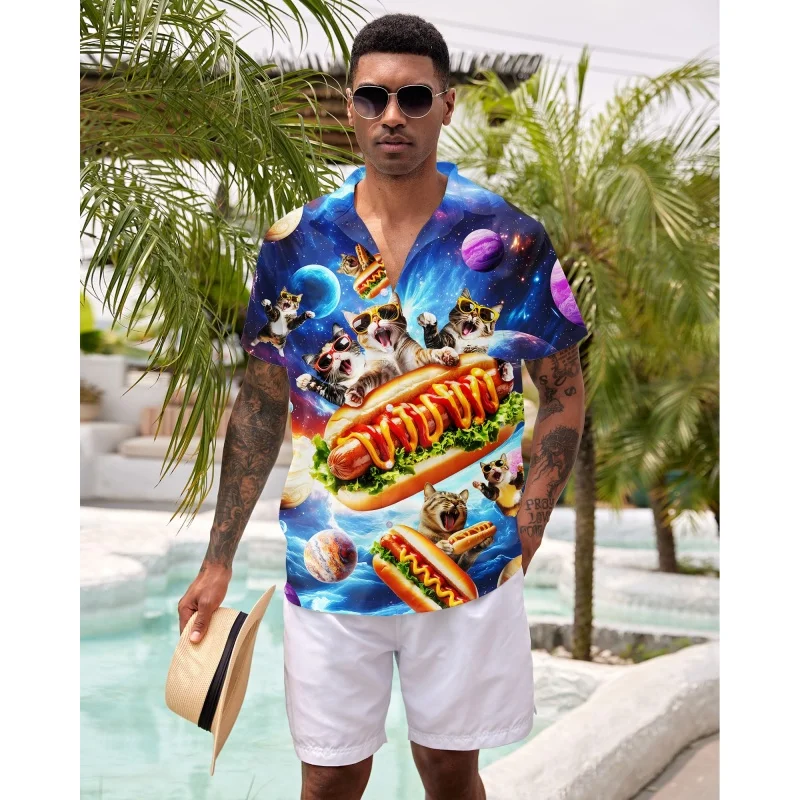 

Cat Dinosaur Shark Graphic Hawaiian Shirt For Men Geometry 3D Printed Short Sleeve Summer Loose Street Aloha Shirts Lapel Blouse
