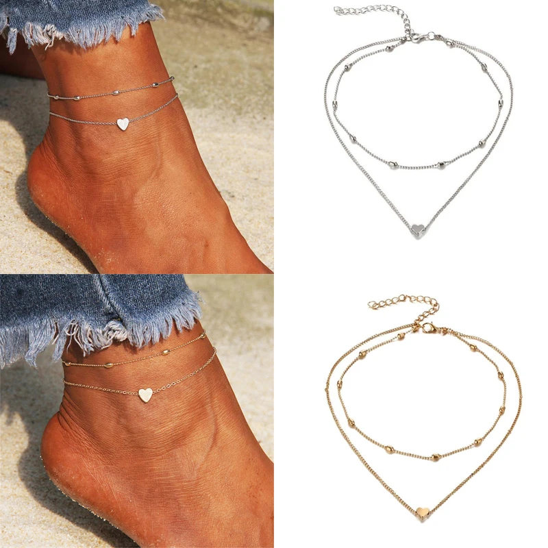 Women Ankle bracelet silver Color Anklets Simple Heart Barefoot Crochet Sandals Foot Jewelry Two Layer Foot Leg Bracelet Anklets