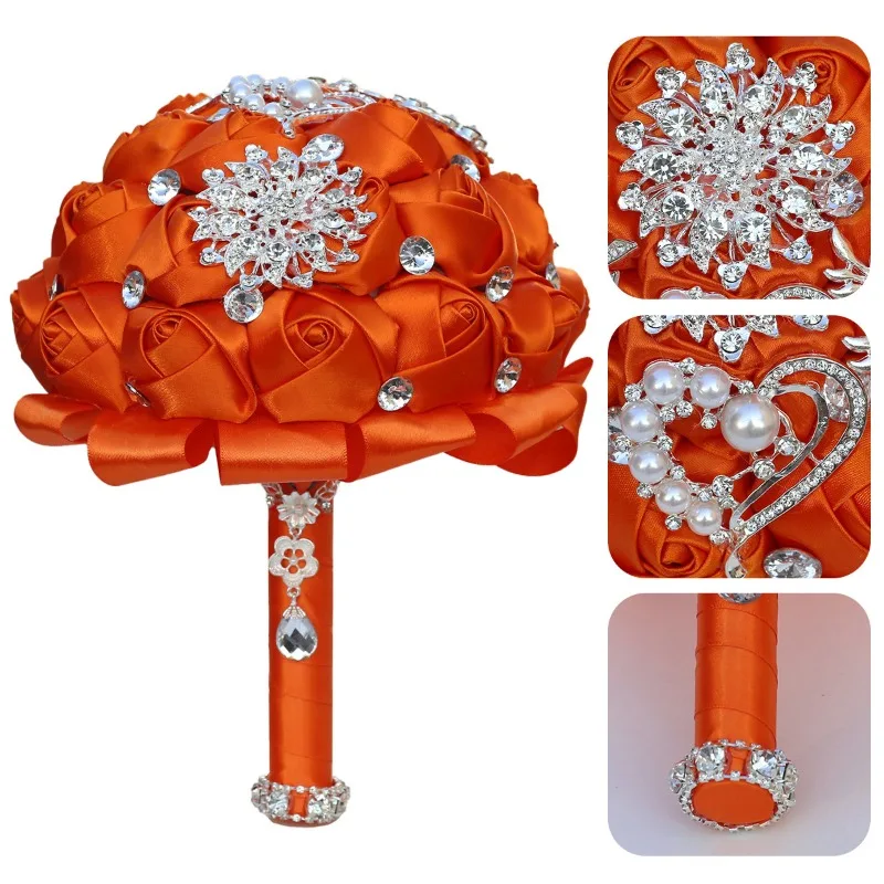 

Spot Amazon Korean Bridal Bouquet, Orange Ribbon Rose Rhinestone Bouquet Wedding W319B