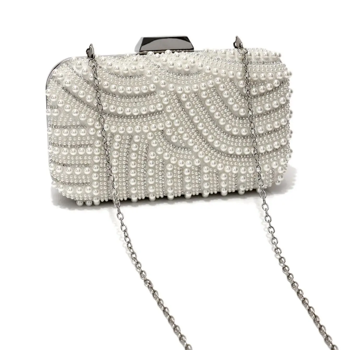 Beading Women Evening Bags Hollow Out Pearl Rhinestone Flap Design Handbags Party Lady Shoulder Chain Purse view 5