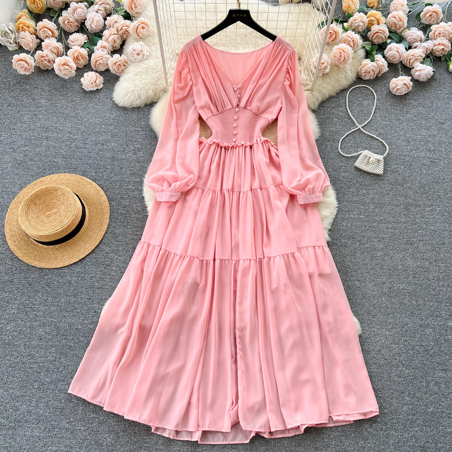 Chic Pleated Long Sleeve V Neck Dress Chiffon A-line Casual Dresses Fashion Women Elegant Vestidos