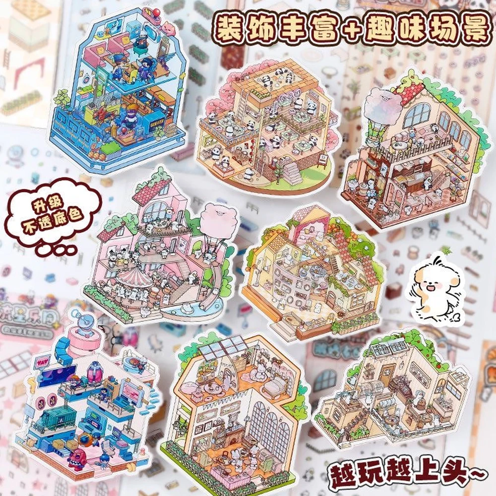 Novelty Cute Cartoon Game Style 3D Landscaping Scene Sticker Cabin DIY Stickers Birthday Festival Gift for Adult Kid Child