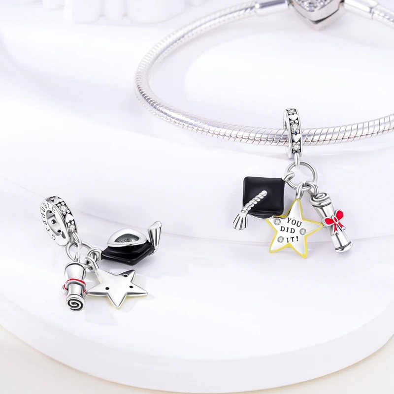 925 Sterling Silver Graduate Hat Star Charms Bead CZ Zircon Watermelon Dangle Fit Original Bracelet DIY Women Jewelry Gift