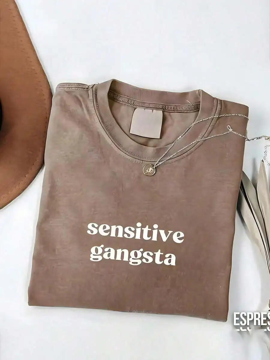 

Sensitive Gangsta Graphic Tee Casual Round Neck Short Sleeve T-Shirt For Women Men