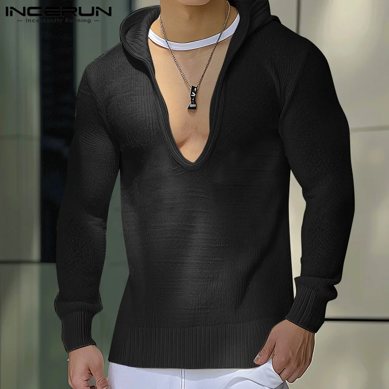 INCERUN Men Sweatshirts Solid Color V Neck Hooded Long Sleeve Autumn Casual Hoodies Streetwear 2024 Fashion Male Pullovers S-5XL