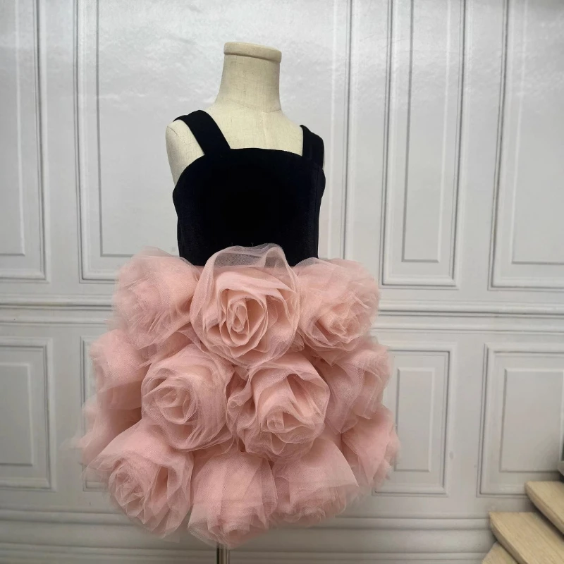 Festive Dress for Girl Floral Party Children Birthday Spaghetti Strap Princess Gown Vest Dress Pageant Formal Celebration Outfit