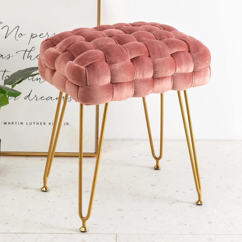 

Velvet Vanity Chair, Upholstered Make Up Foot Stool with Gold Metal Legs and Padded Seat, Space-saving, Vanity Chair