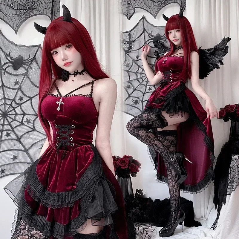 

Cospaly Dark Gothic Halloween Sexy Lace Dovetail Halter Dress Dovetail Witch Demon Vampire Ghost Bridal Dress