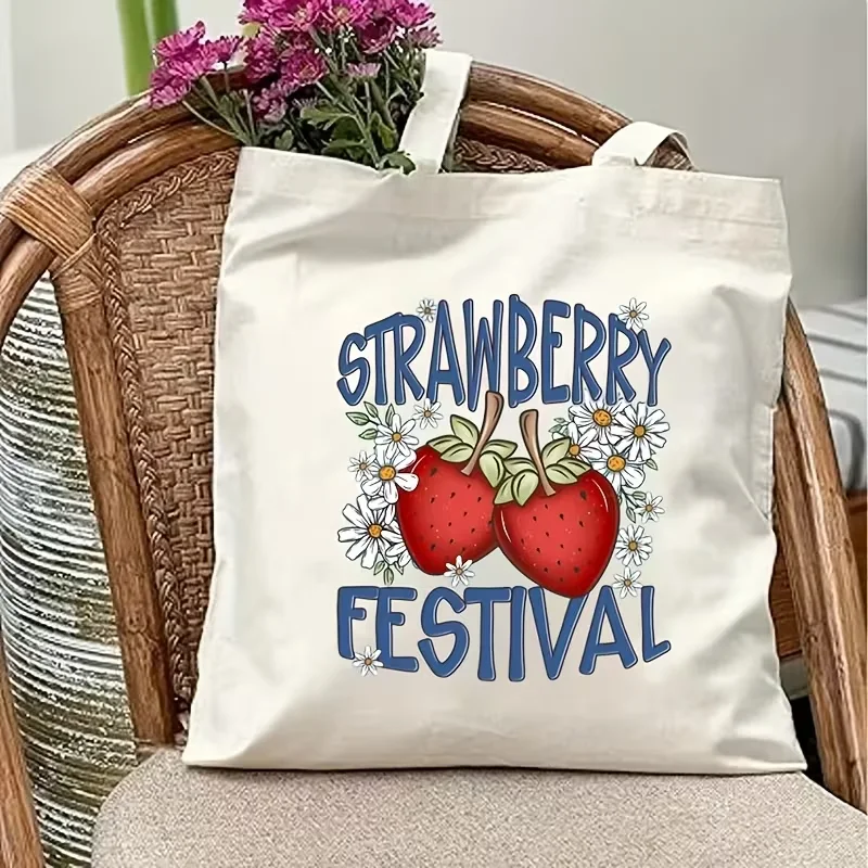 Strawberry Festival Daisy Canvas Tote Bag Cute Summer Fruit Floral Print Shoulder Handbag Reusable Bag for Women Daily Use