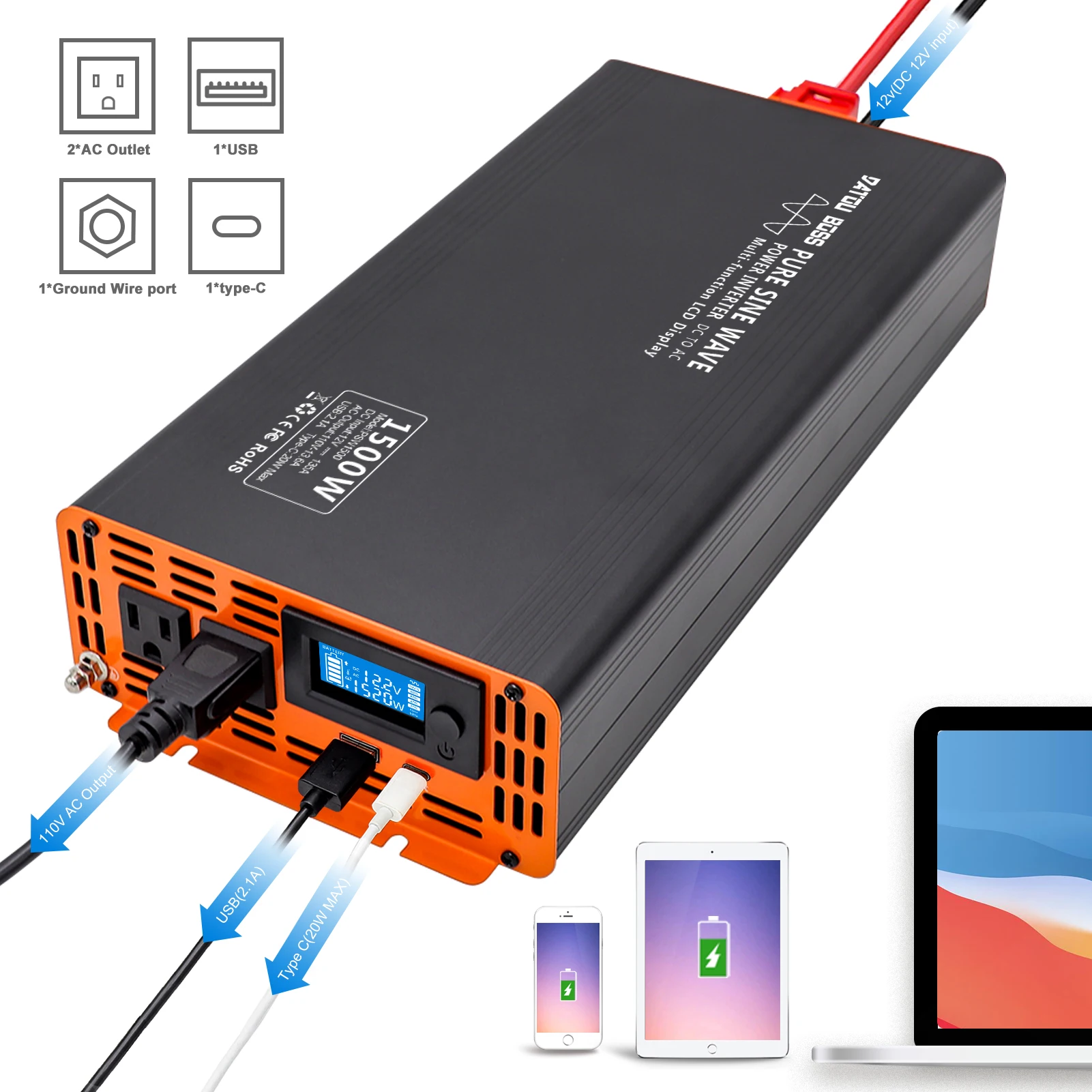 Datou Boss Pure Sine Wave Inverter 110v Frequency 12v to 110v Converter Continuous Rating Power 1500w Peak Power 3000w