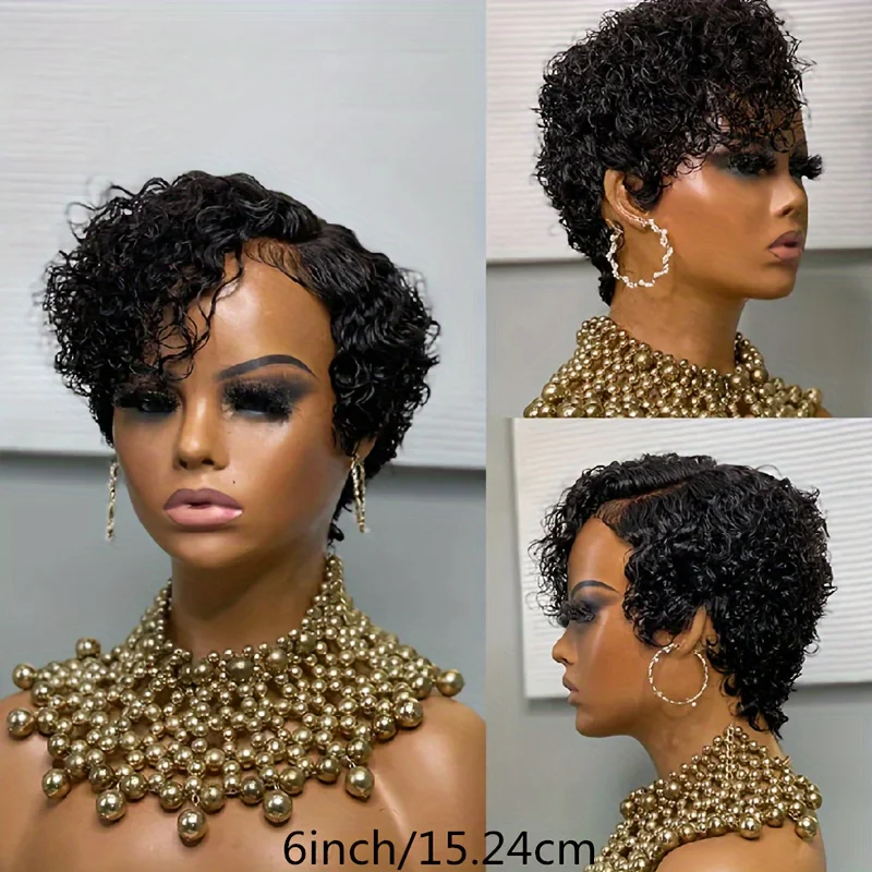 pixie cut remy hair 150% density 13×1 T part lace human hair wig for women short curly human hair wig 6inch natural black color