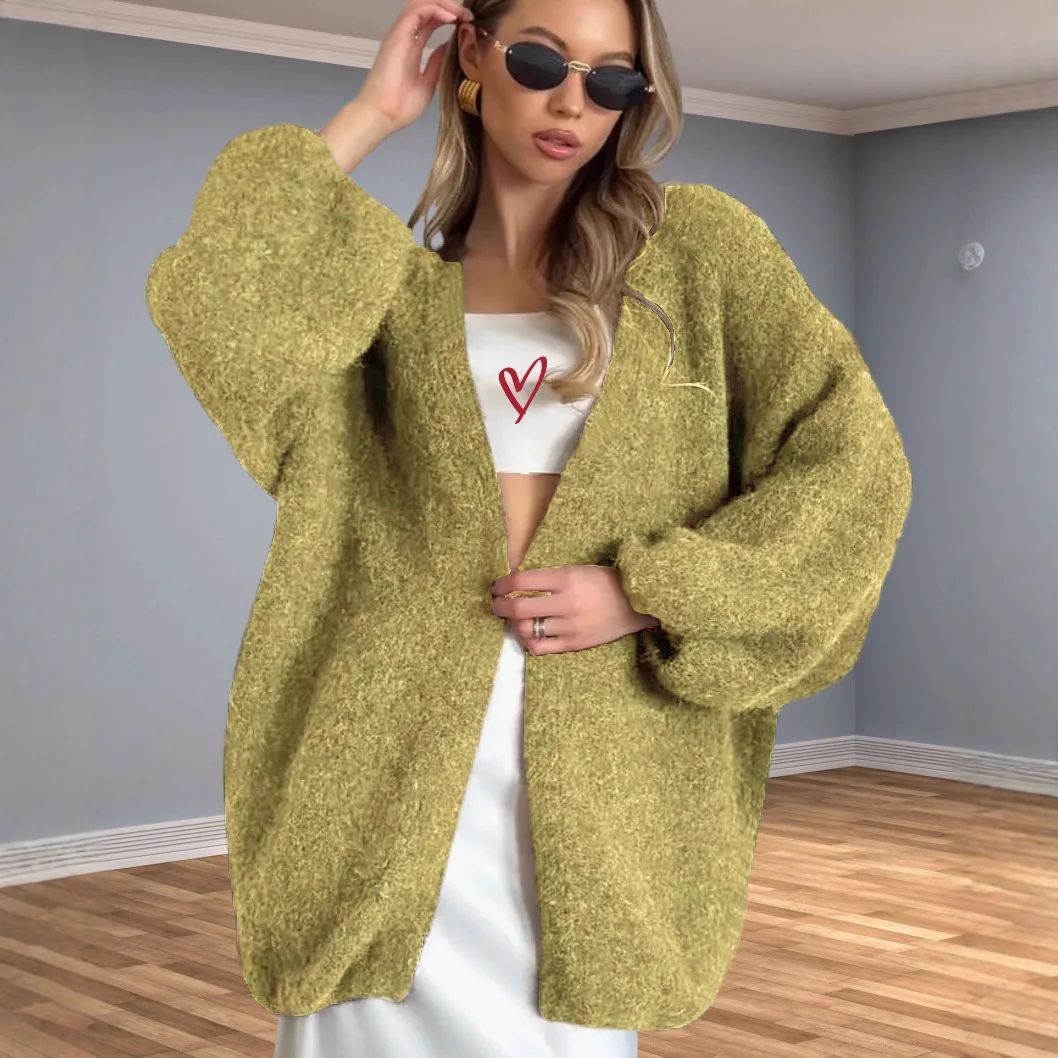 여성용 가을 겨울 랜턴 스타일 니트 중간 길이 자켓 루즈핏 레이지 슬레 스웨터 가디건 브이넥 롱 슬리브...