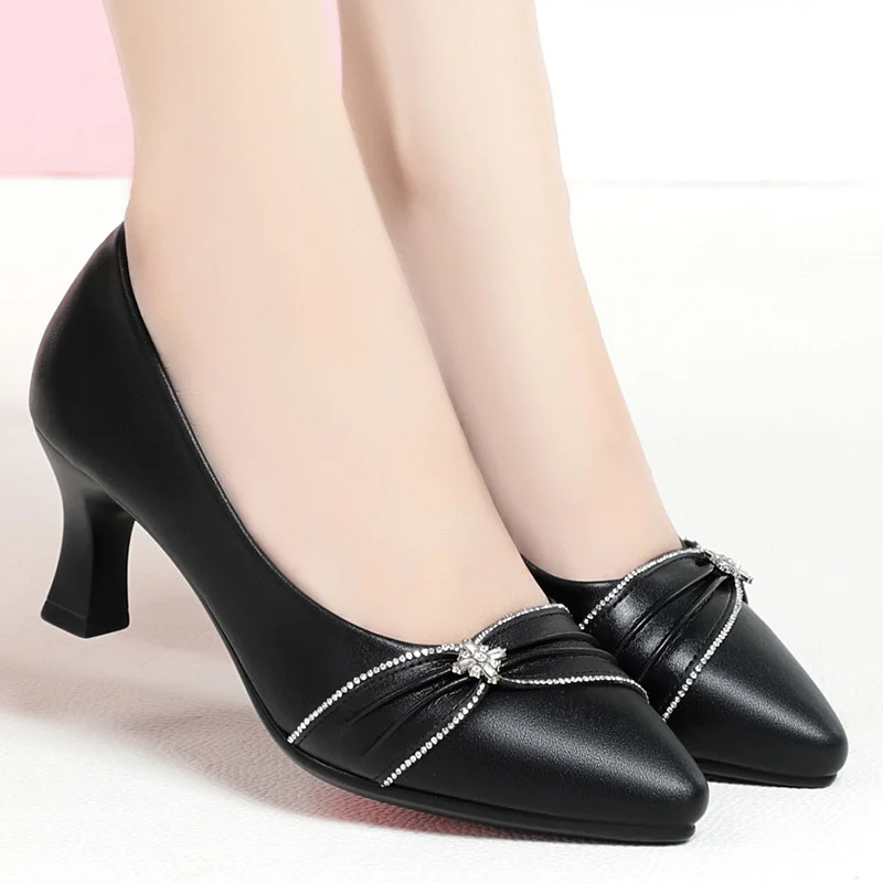 Spring Autumn New Fashion Shallow Mouth Pointed Rhinestone Work High Heels Female Comfortable Soft Leather Single Shoe