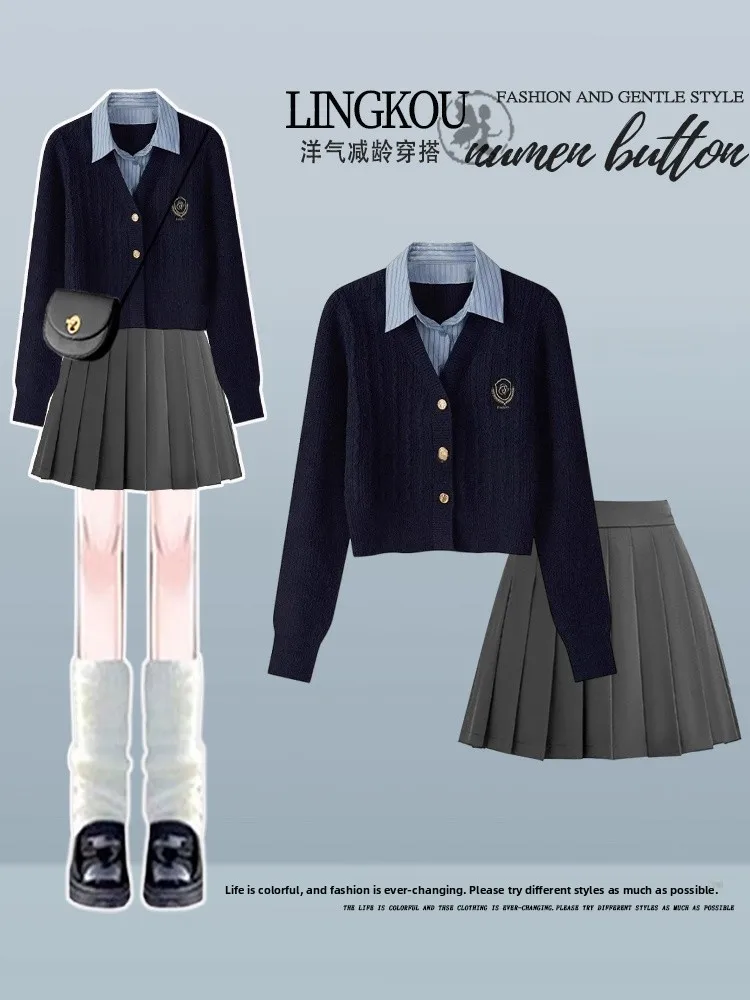 

Large Size Preppy Style Knitted Sweater And High Waist Pleated Skirt Set Spring Autumn New Arrival Fake Two-Piece Outfit