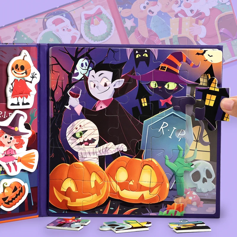 

Happy Halloween Jigsaw Puzzle Two in One Christmas Puzzle Book Busy Book Quiet Book Paste Early Learning Education Toy Children