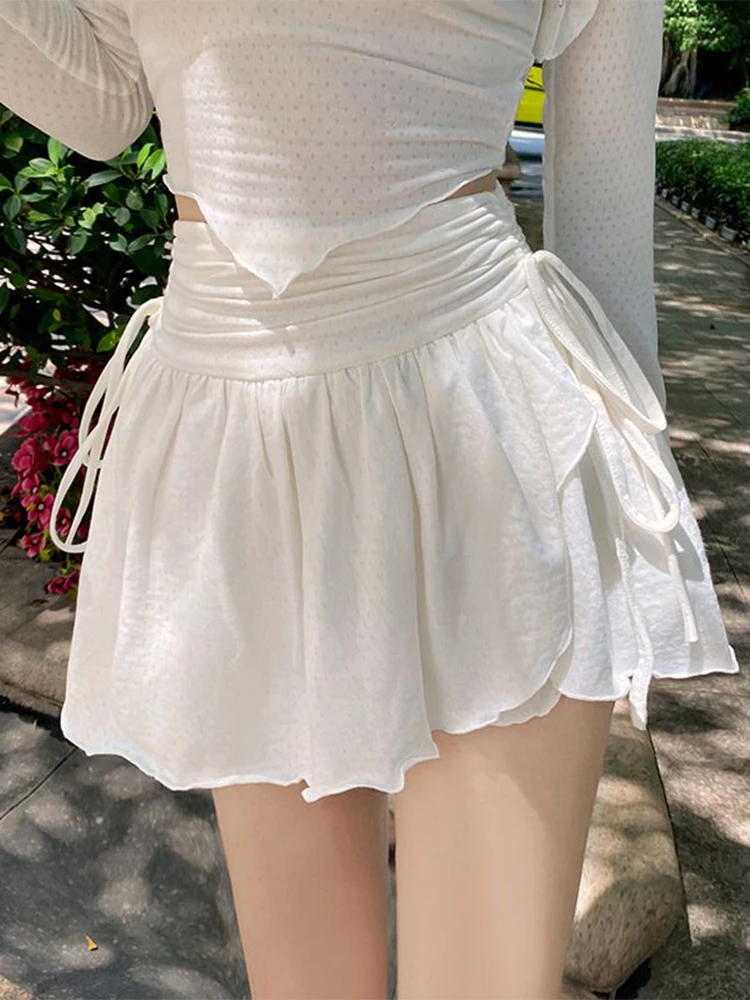 

White Mini Skirt Women Korean Fashion Drawstring Folds High Waist Short Skirt Lady Sexy Cute Irregular Ruffle Skirts For Girls