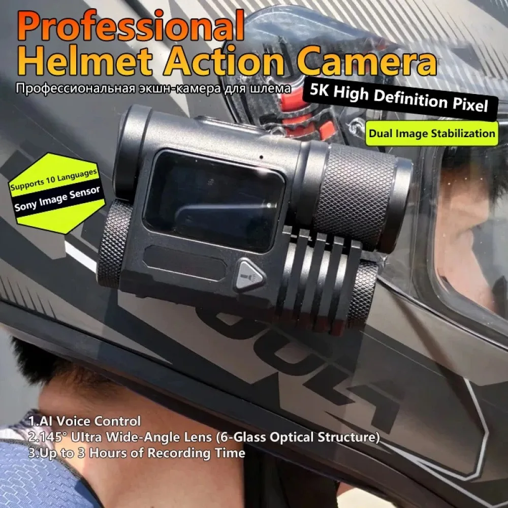 5K Action Camera WiFi Voice Control 145 Degree Wide Angle Touch Screen Dual Stabilization Helmet Sports Camera with 128GB Card