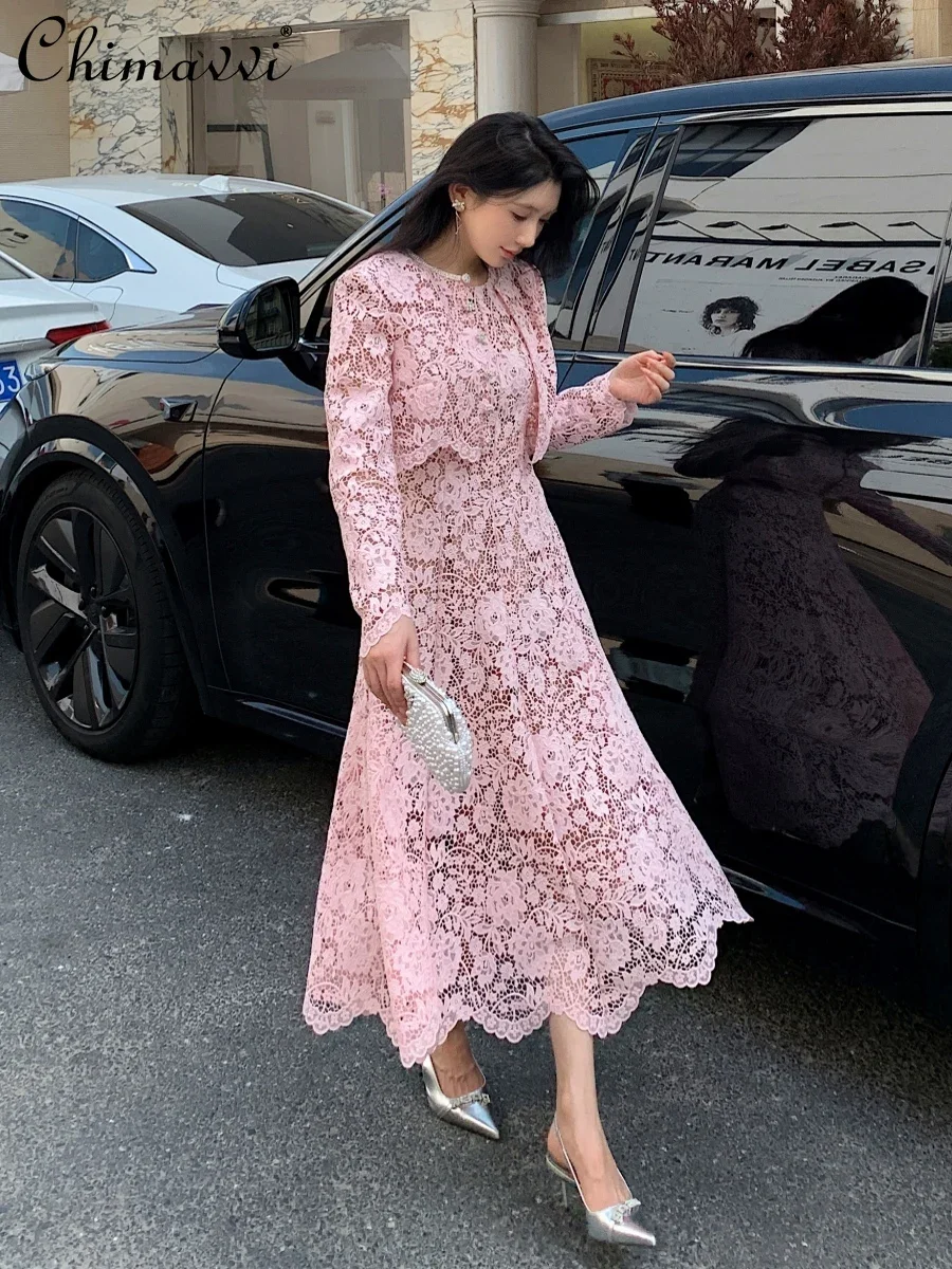 Sweet Ladies Pink Lace Sleeveless Long Dress High-end Long Sleeve Cardigan Jacket Spring Autumn Women Dress Sets Two-piece Set